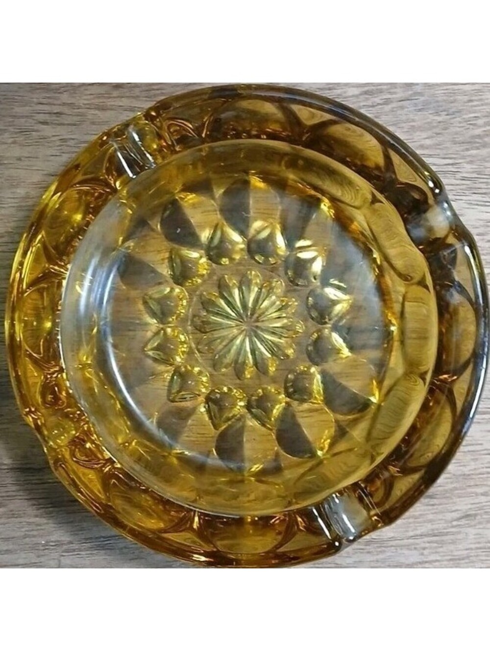 MCM Amber Glass Ashtray - Anchor Hocking Fairfield Starburst - 6" Round Vintage
